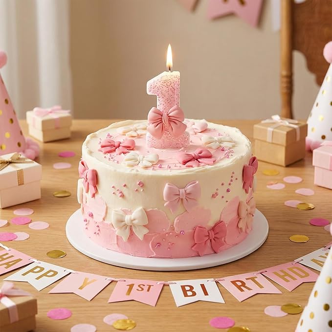 Pink Bow Number 1 Birthday Candle, Glittering Candles 1st Birthday Cake Topper, Princess Themed Party Decor for Girls and Women Anniversary Party Supplies