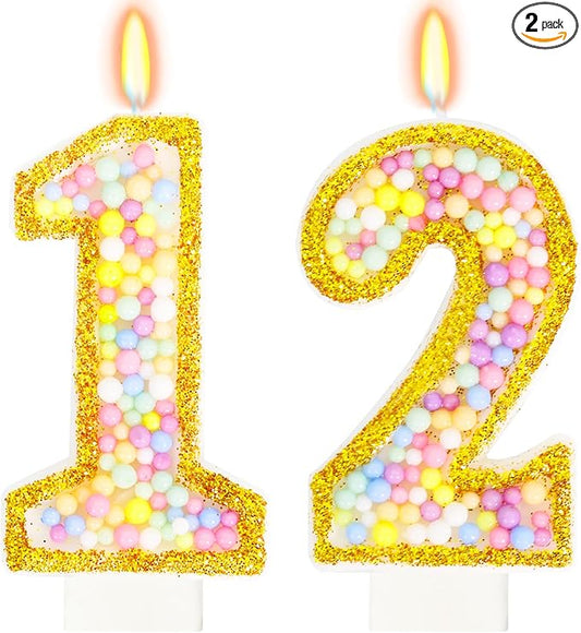 12th Birthday Candle for Cake, Colorful Macaron Numeral Candles for Boys/Girls, Birthday Party Cake Decorations, Golden Cake Topper for Birthday Party Supplies (Number 12)