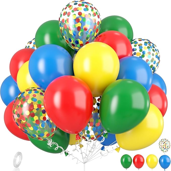 Dagelar Red Yellow Blue Balloons, Rainbow Assorted Latex Balloons, Red Blue Green Yellow with Colourful Confetti Balloon, for Birthday, Festival, Carnival Circus, Robot Blocks, Video Game Party Decor