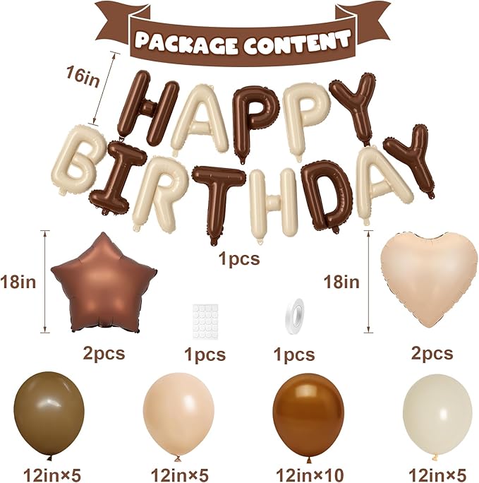 Cream Brown Birthday Decorations,Brown and Nude Balloons Happy Birthdays Banner Balloon Heart and Star Foil Balloons for Men Boy Birthday Baby Shower Party Decorations