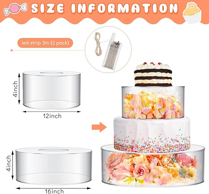 Sunnyray 2 Pcs Acrylic Cake Stands for Dessert Table Clear Fillable Cake Riser Cupcake Tier with LED Strings for Birthday Wedding Holiday Party Display(12'', 16'')