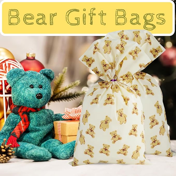 LEOSINDA100 Pcs Cellophane Bags 7 X 12 Inch Little Bear Cellophane Plastic Candy Bags with Twist Ties for Valentine's Day and Birthday Favors Gift Cookie Weddings Packing Party Favor Supplies