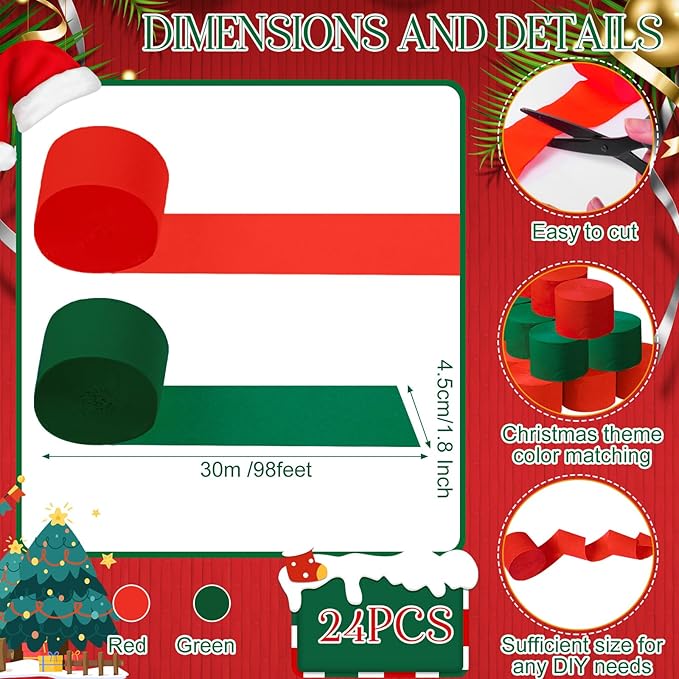 Sherr 24 Rolls Crepe Paper Streamers Hanging Party Decoration Holiday Streamers for Arty Decorations, Birthday Decorations, Wedding Decorations (Red, Green,1.8 Inch x 98 Feet)