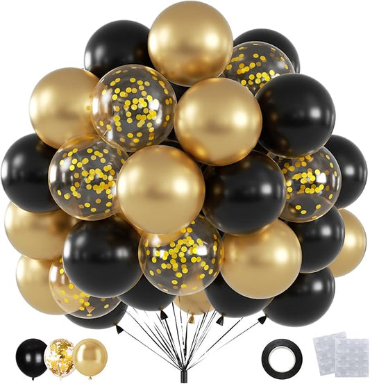 60pcs Black and Gold Confetti Balloons, 12 Inch Metallic Gold & Black Latex Party Balloons for Graduation 2026, Anniversary, Birthday, NYE, Christmas Party Decorations