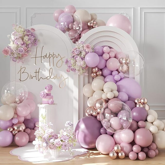 Purple Balloon Arch Kit 132Pcs purple and Pink Balloon Garland Arch Kit with Dusty Light Pink Gold Pink White Clear Balloons for Birthday Baby Shower Bridal Shower Wedding Decorations