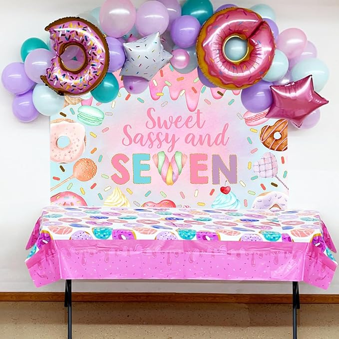 Mocsicka Donut 7th Birthday Backdrop Sweet Sassy and Seven for Girl Birthday Party Decorations Banner Seven Years Old Birthday Photography Background Photo Booth Studio Props (7x5ft(82''x60''), Pink)