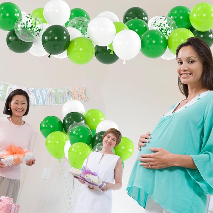 60pcs Green Balloons, 12" Metallic Dark Emerald Lime Green and White Confetti Balloon for Jungle Birthday, Baby Shower, Summer Holiday, Christmas Party Decoration