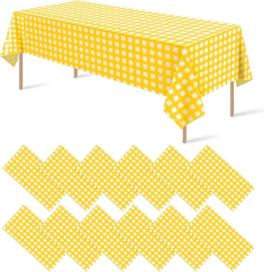 12Pack Yellow and White Plastic Checkered Tablecloth, Premium Decorative Disposable Yellow Gingham Plaid Table Cloths for Parties, Rectangle Party Table Cover for Picnic Birthday Wedding, 54x108 Inch