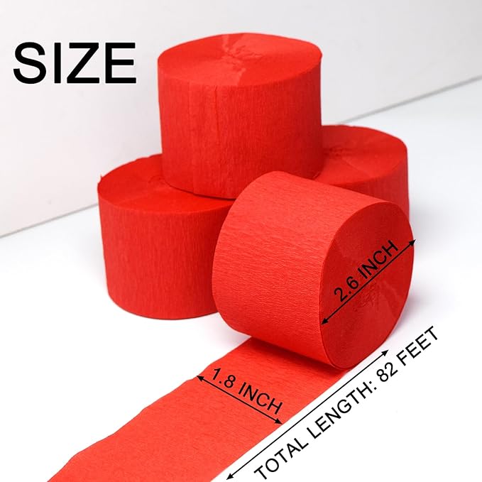 AOODOOM Crepe Paper Streamers 4 Rolls 328ft, Red Pack of Party Streamers for Birthday Decorations, Party Decorations, Wedding Decorations