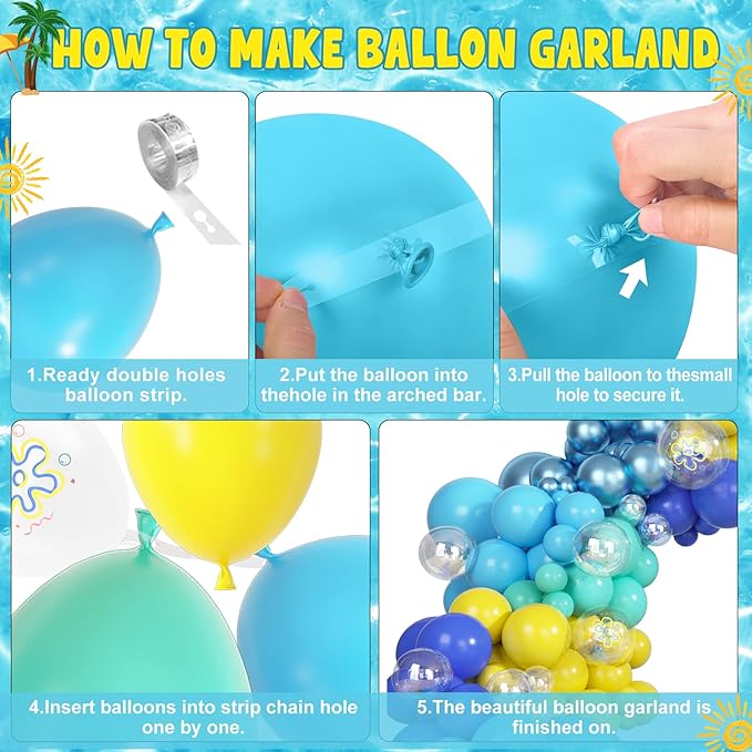 Amandir 165Pcs Cartoon Blue and Yellow Balloons Arch Garland Kit, Teal Metallic Blue Yellow Flower Printed Clear Pineapple Balloons for Cartoon Birthday Shower Ocean Sea Party Backdrop Decorations