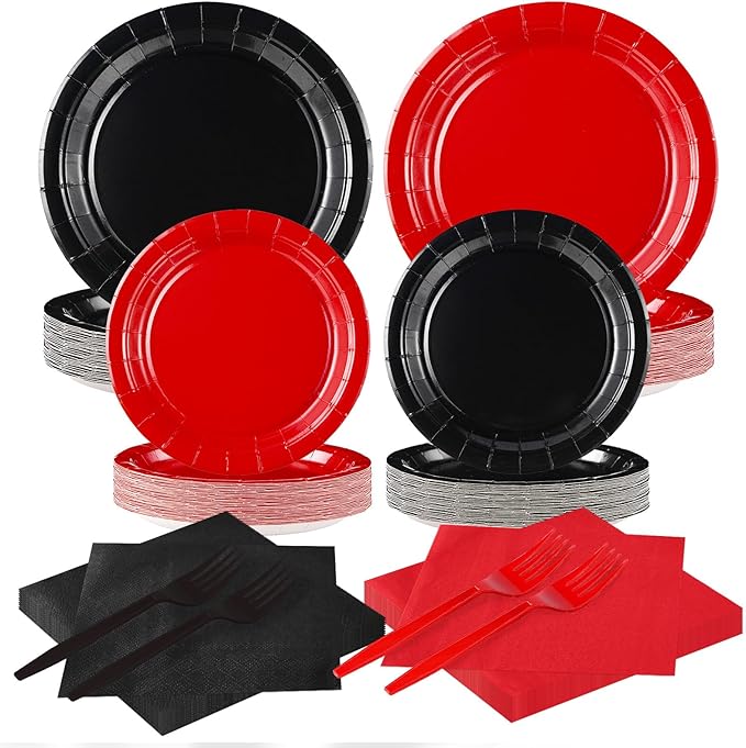 200Pcs Red and Black Party Supplies Graduation Black and Red Paper Plates and Napkins Disposable Stranger Tableware Set for Congrats Grad Holiday Red Black Wedding Birthday Party Decorations Serves 50