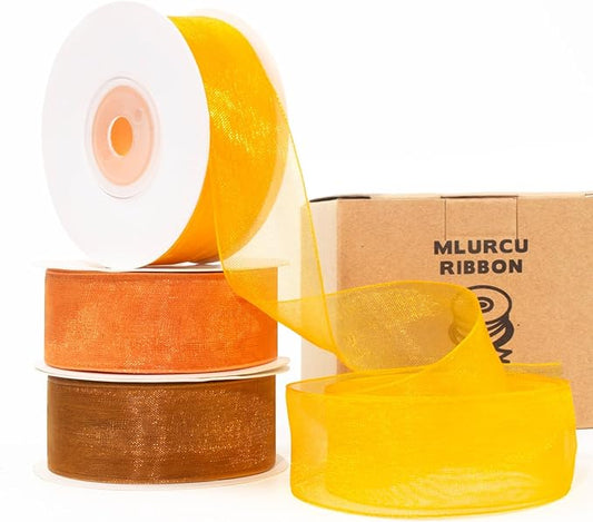 Fall Organza Ribbon Set - 1 Inch x 75 Yds in Yellow Gold, Orange, Terracotta for Thanksgiving, Harvest, Festival, Wedding, Decor, Gift Wrapping, Wreaths, Crafts