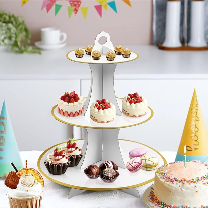 Soleebee 3-Tier Round Cupcake Stand, Cardboard Cupcake Tower, Dessert Cup Cake Stand Tower for Birthday Wedding Party Decoration, Cupcake Tier Stand 1 Set (White Gold)