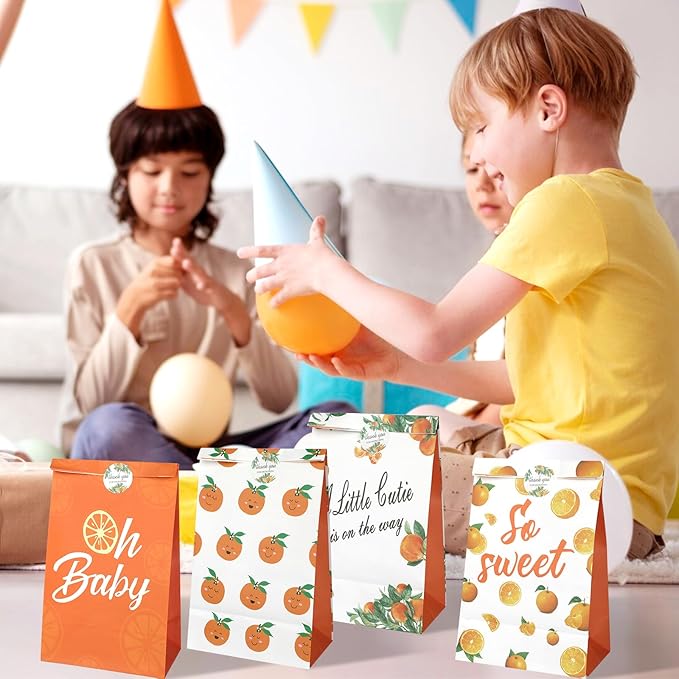 20Pcs Little Cutie Party Treat Bags with Stickers, Orange Theme Party Favor Candy Bags Kraft Paper Gift Bags, Hey Cutie Candy Goodie Bags for Baby Shower Birthday Party Summer Party Supplies