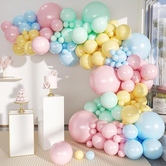 MEBAY Pastel Balloon Garland Arch Kit, 146Pcs Macaron Pink Blue Green Yellow Latex Balloons Different Sizes 18 12 10 5 Inch for Gender Reveal Baby Shower Wedding Birthday Party Decoration