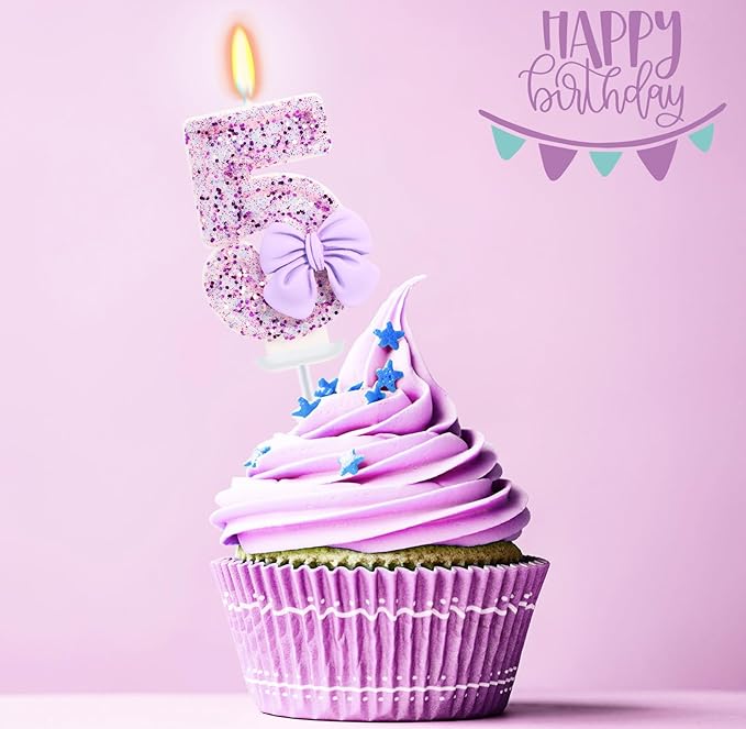 Birthday Candle for Cake, 5 Candle - Purple Glitter with Bowknot, 2.76 inch Cake Topper Decoration for 5 Years Old Birthday Party (Number 5)