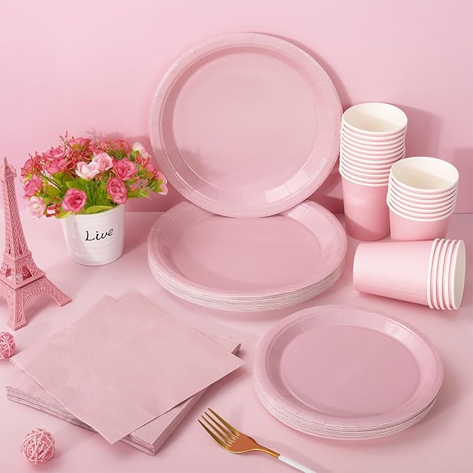 Whaline 100Pcs Dusty Pink Tableware Set Disposable Dinnerware Set 50Pcs Paper Plates 25Pcs Napkin 25Pcs Cups for Wedding Birthday Bride Shower Party Table Decor