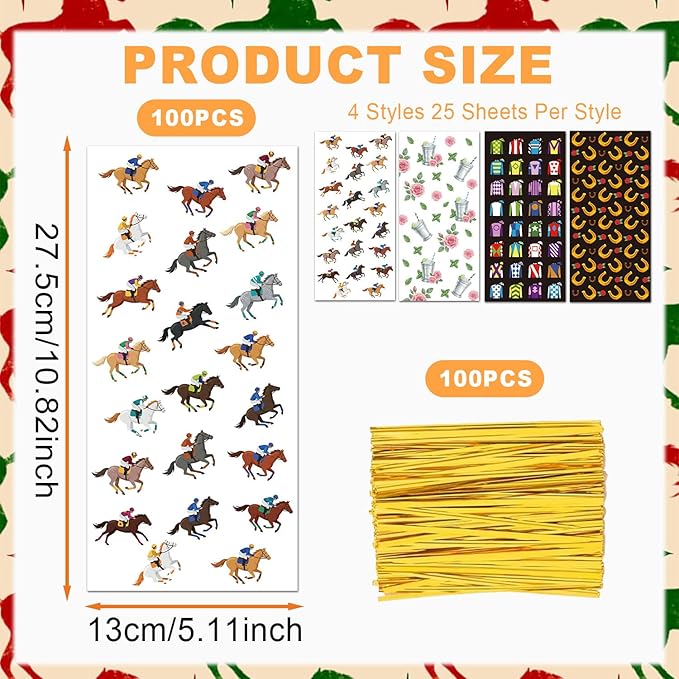 RAXFLY 100 Pcs Horse Goodie Bags, Western Horse Racing Cellophane Candy Bags with Gold Ties, Cowboy Party Treat Bags for Birthday Party Supplies