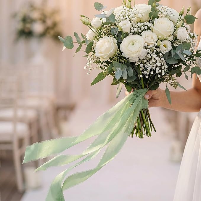 Handmade Chiffon Ribbon 1.5 Inch Wide, 3 Rolls 21 Yards, Frayed Edge Fabric Ribbon for Wedding Bouquets, Invitations & Gift Wrapping (Sage Green)