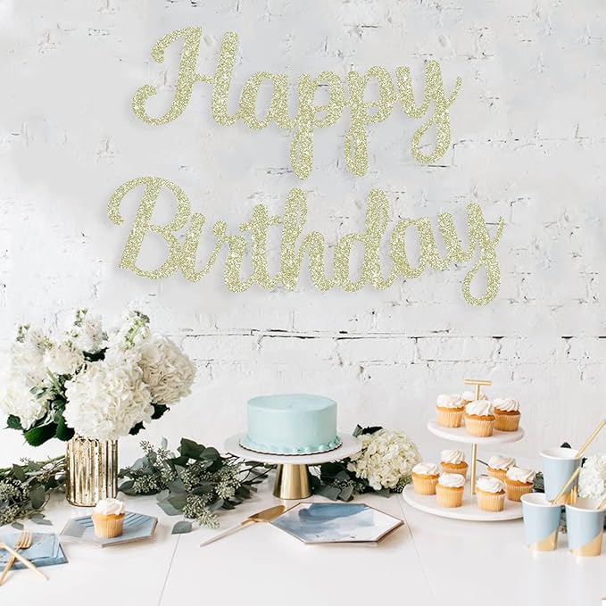 BEISHIDA Happy Birthday Banner - NO DIY,Light Gold 10Feet Pre-Strung-Glitter Birthday Sign Garland Backdrop Decorations for Women men Party