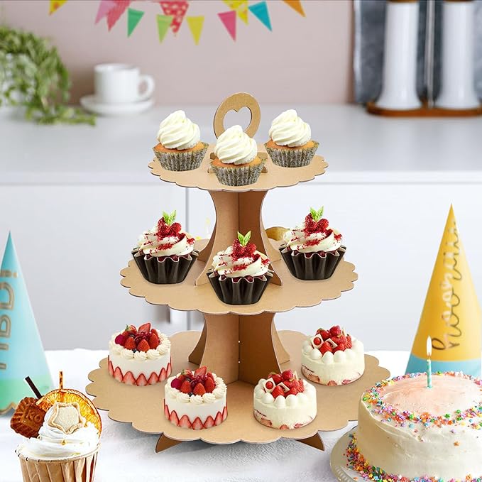 Soleebee 3-Tier Cupcake Stand, Cardboard Cupcake Tower, Dessert Cup Cake Stand Tower for Birthday Wedding Party Decoration, Cupcake Tier Stand 1 Set (Brown)