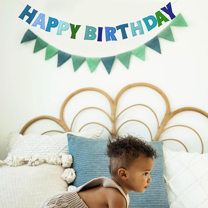 Pre-Strung Happy Birthday Banner - Felt Ball Garland, Rainbow Party Decorations, HAPPY BIRTHDAY Garland, Personalized Birthday Sign for Birthday Decor, Party Decor, Photo Prop (Blue Happy Birthday Banner)