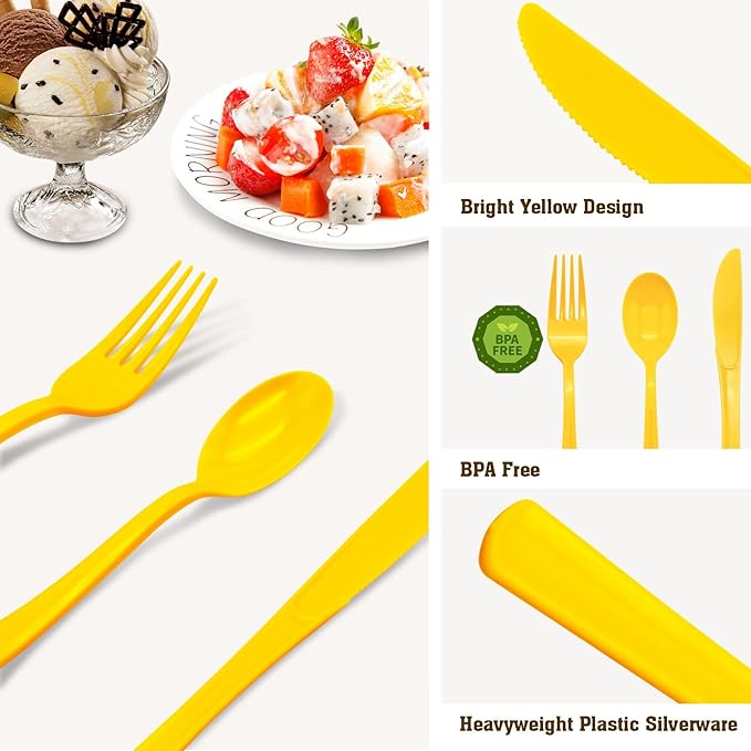 150 Pack Yellow Plastic Silverware, Yellow Utensils Include 50 Plastic Forks 50 Spoons 50 Knives for Birthday Party, Wedding, Picnic