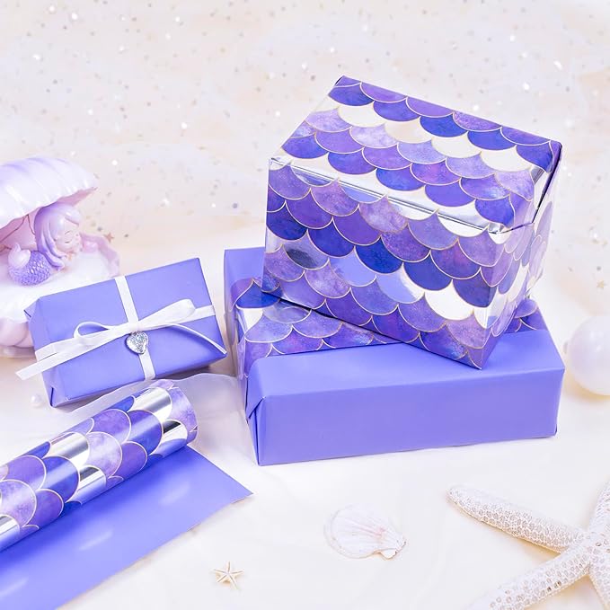 MAYPLUSS Purple Birthday Wrapping Paper Roll, Mermaid Wrapping Paper, Reversible Glitter Mermaid Scale Purple Gift Wrap with Metallic Foil for Girl Birthday Christmas Baby Shower (17 Inch X 33 Feet)