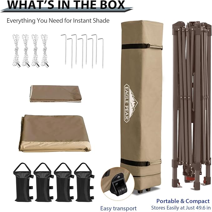 EAGLE PEAK 13x13 Straight Leg Pop Up Canopy Tent Instant Outdoor Canopy Easy Single Person Set up Folding Shelter w/Auto Extending Eaves 169 Square Feet of Shade (Beige)