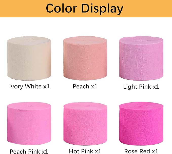 Crepe Paper Streamers 6 Rolls 492ft, Pack of Pink Theme Party Streamers for Party Decorations, Birthday, Wedding, Baby Shower, Graduation, Christmas