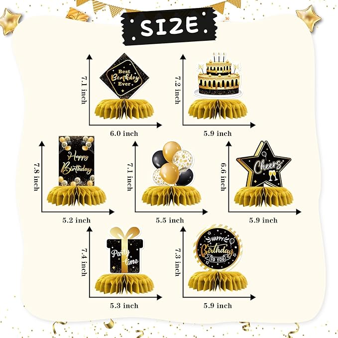 Happy Birthday Table Honeycomb Centerpieces Set, Anniversary Birthday Gifts Table Topper Centerpieces Adults Children Teenager Birthday Party Table Decorations Set of 8 (Gold)
