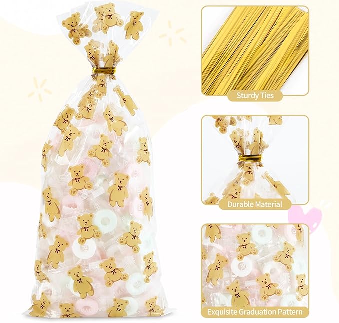 Docvania Clear Bear Cellophane Treat Bags Plastic Gift Bag 100 pcs 5 X 11 Clear Bear Cookie Bags with Ties Goodie Candy Bag Suitable for Mother's Day, Valentine's Day, and Holiday Parties