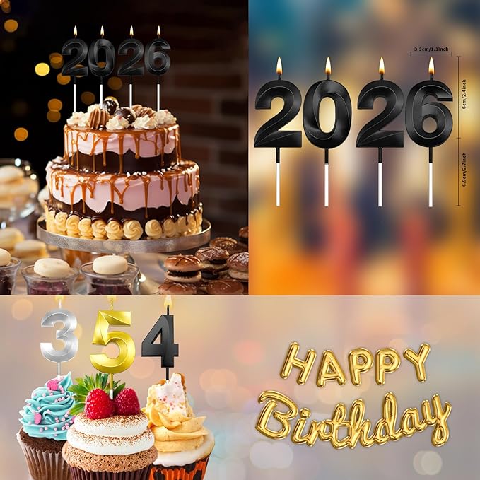 Graduation Candle 2026, 4 Pcs 3D Visual 2026 Black Number Candles for Graduation Cake Decorations, Class of 2026 Cake Topper, 20, 22, 26, 60, 62 Birthday Candles Happy Birthday Cake Toppers