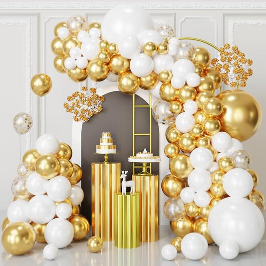 White and Gold Balloons Arch Kit,130pcs Gold and White Balloon Garland,Different Sizes White Latex Balloons for Wedding,Engagements,Birthday,Baby Shower Anniversary Decorations
