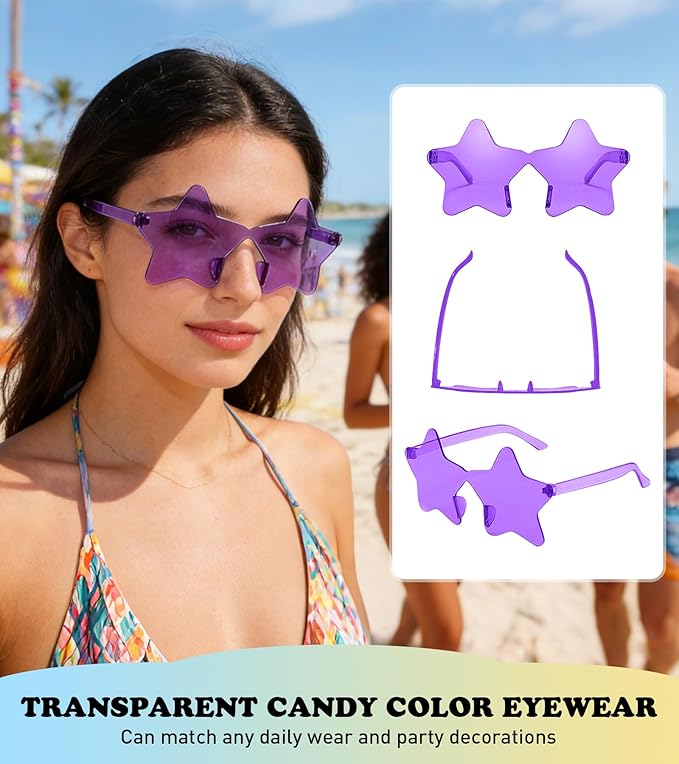 Matcheck 48 Pack Star Rimless Sunglasses Frameless Colored Party Glasses Transparent Fun Eyewear for Adult