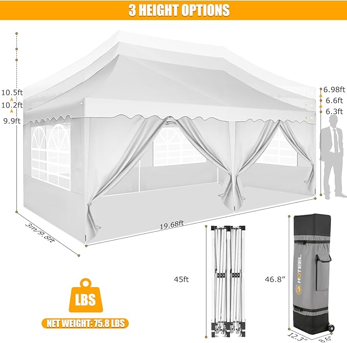 HOTEEL 10x20 Pop Up Canopy Tent for Parties, Waterproof Easy Setup Canopy Tent 10x20 with 6 Sidewalls, 4 Sandbags, Wheeled Bag, Outdoor Sunproof for Backyard, Wedding, Event, Patio, White