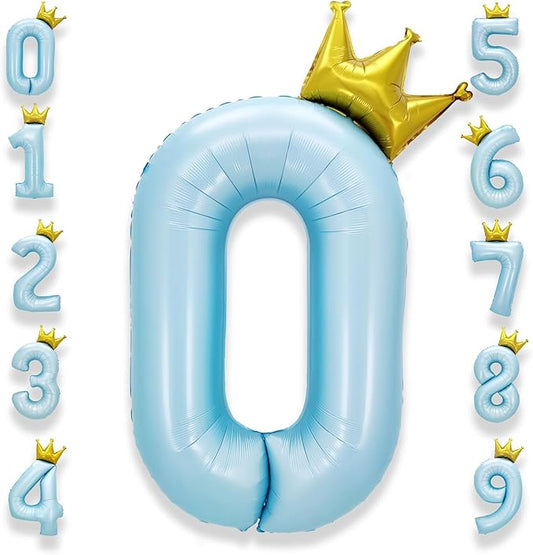 AULE 40 Inch Big Light Blue 0 Balloon Number with Crown Large Foil Helium Number Balloons 0-9 Jumbo Giant Happy Birthday Party Decorations Huge Mylar Anniversary Party Supplies