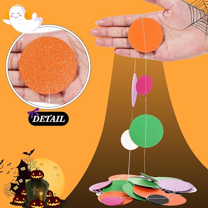 Outus 10 Pieces Orange,Black,Purple,Green,White Round Dots Garland Graduation Party Hanging Decor Each Length 13.1ft Glitter Paper Dot Streamers for Birthday Wedding Classroom Supplies