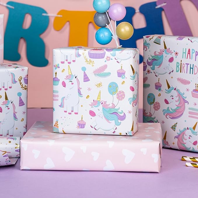 MAYPLUSS Unicorn Wrapping Paper for Girl, 17 Inch x 16.5 Feet Birthday Gift Wrap Featuring Gold Corn Reversible Heart for Princess Kids Baby Shower