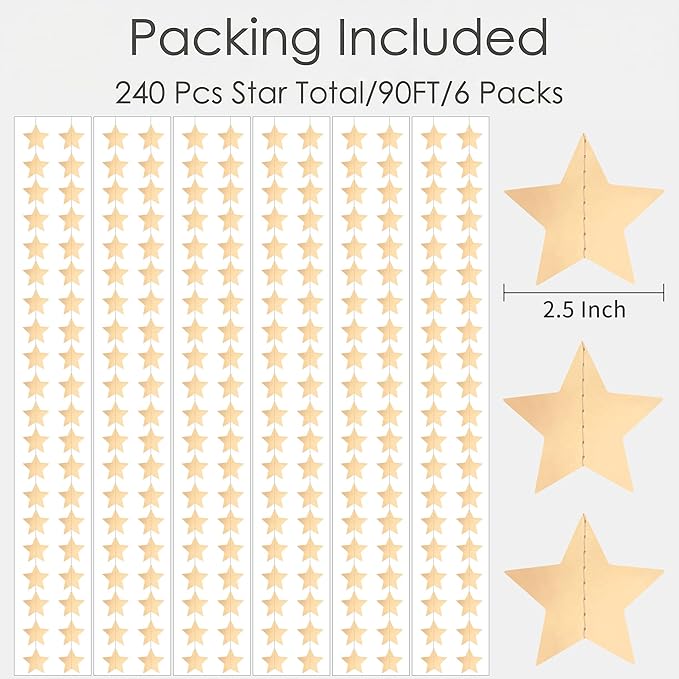 Metallic Champagne Gold Iridescent-Star-Garland 90FT – 240 Pcs Sparkling Star Streamers – Hanging Glitter Star Banner Backdrop for Birthday, Baby Shower, Wedding, Christmas Party Decorations (6 Packs)