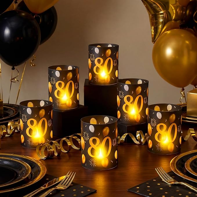 10 Sets 80th Happy Birthday Centerpieces for Table Black and Gold Birthday Decorations Lantern Boxes with Tea Lights Candles Centerpieces for Men Women 80th Party Supplies