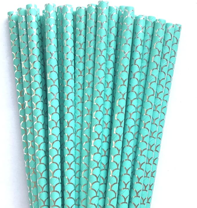 100 pcs Under The Sea Party Paper Straws, Aqua Mermaid Fish Silver Foil Scale Drinking Straws, Kids Birthday Baby Shower Ocean Beach Pool Tropical Summer Hawaiian Cake Pop Sticks (Aqua With Scale)