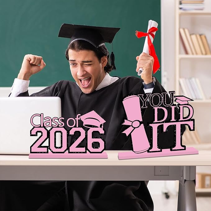 4Pcs Pink Graduation Decorations 2026, Wooden Table Centerpieces Class of 2026 Table Toppers Congrats Grad Tiered Tray Decor for Graduation Centerpieces for Table