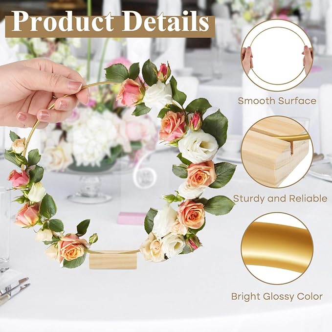 BOUBONI 10 Pcs 12 Inch Metal Floral Hoop Centerpiece with 10 Pcs Wooden Stand for Table Metal Wreath Ring Stand for Centerpiece Table Decorations Wedding Decor Wall Hanging Crafts