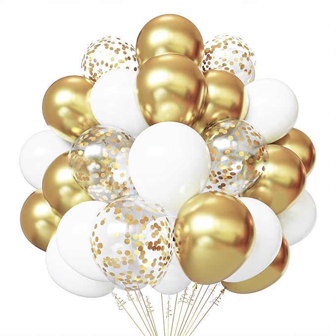 White and Gold Confetti Latex Balloons, 50 Pack 12 inch gold and white Party Balloons with Ribbons for Birthday Graduation Wedding Bridal Shower Party Decoration