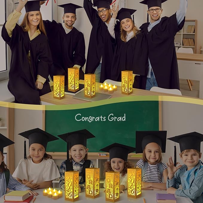 Rossesay 6 Pcs Graduation Table Centerpieces Boxes Class of 2026 Graduation Lanterns for Centerpieces with LED Candles Congrats Grad School College Photo Props for Party Table Decoration (Gold)