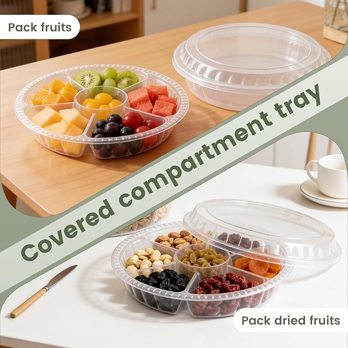 30 Pack Plastic Veggie Tray for Serving for Party, 10.4inch 6 Divided Compartment Disposable Party Platters for Vegetable Fruit Snack Nut, Fruit Trays with Lid for Buffet Catering