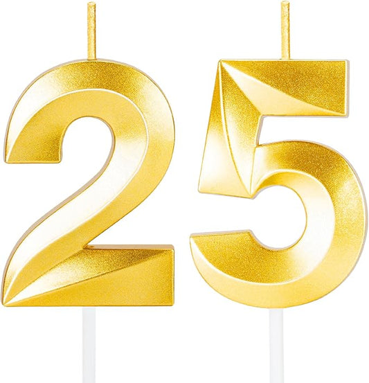 25th Birthday Candles for Cake,Gold Number Candles for Happy Birthday Cake Toppers,Birthday Decorations for Her Him Party Anniversary Wedding