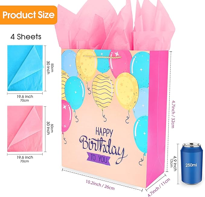 Large Birthday Gift Bags Set - 2 Pack Pink Gift Bags With Tissue Paper and Handles for Girls, Women, Her - Happy Birthday Gift Wrap