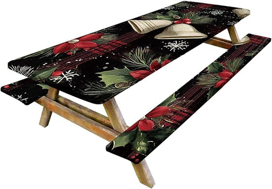 Picnic Table Cover with Bench Covers Set of 3, Elastic Fitted Tablecloth for 6 Foot Tables, Washable Polyester Tablecloths for Camping, Indoor & Outdoor